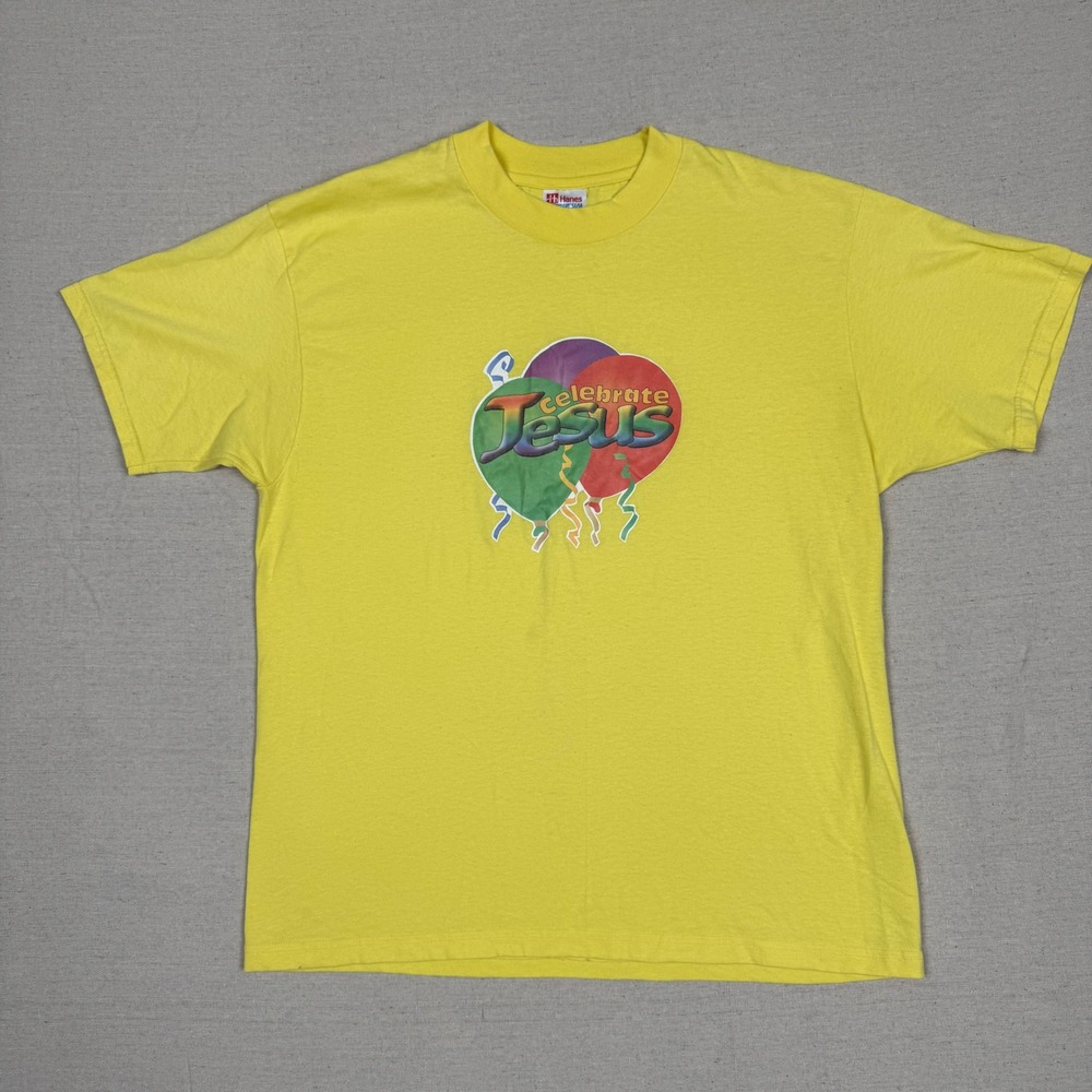 Vintage 90s Hanes Celebrate Jesus T-Shirt L Yellow Party Balloons Single Stitch